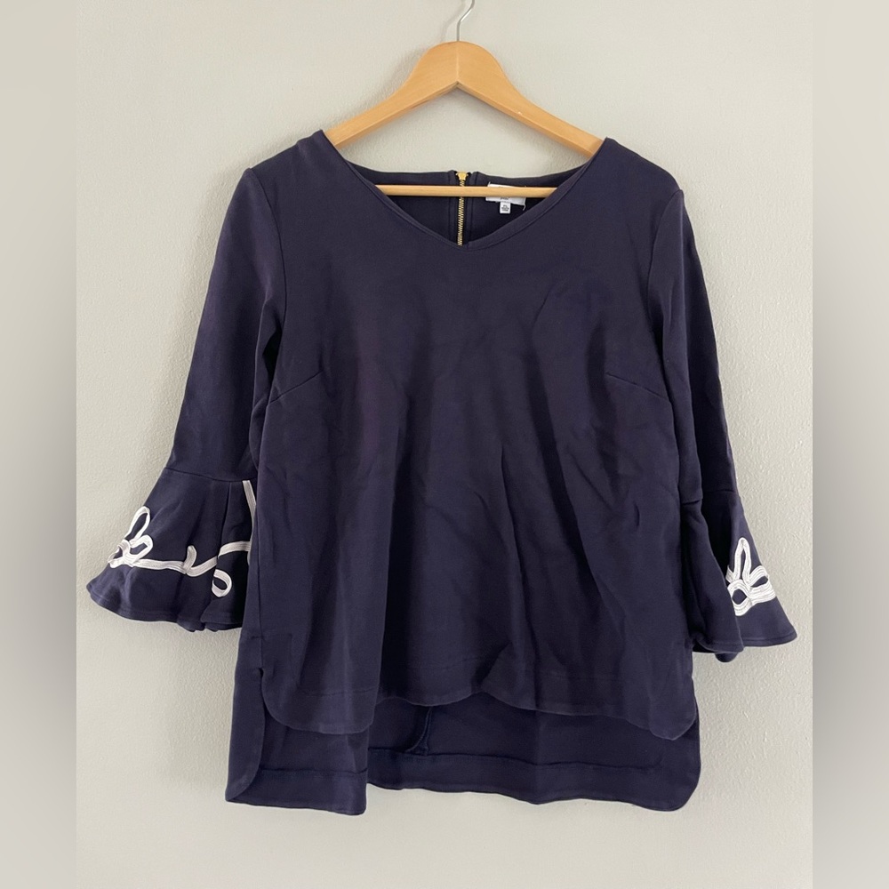 Crown & Ivy Navy Blouse with Embroidered Bell Sleeves - Picture 1 of 6